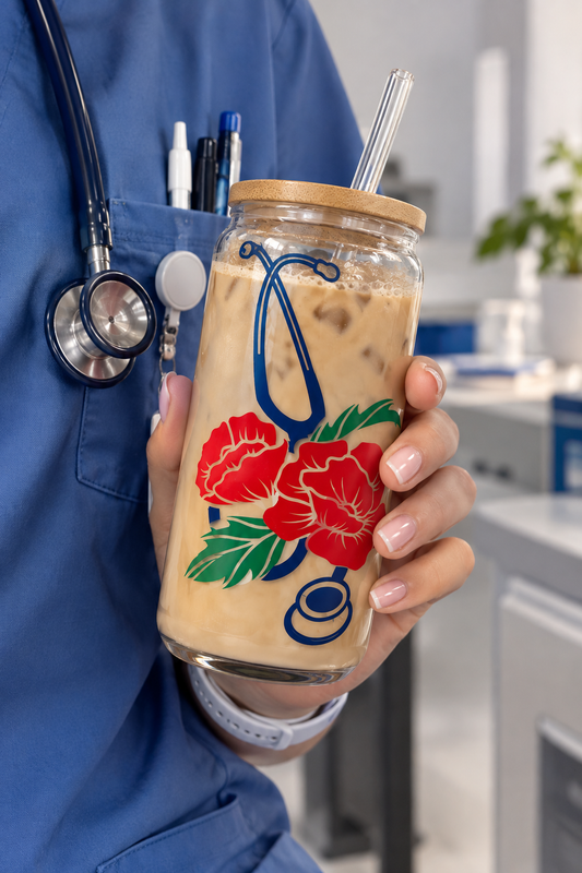 Handgemachtes Trinkglas "Floral Stethoscope" mit Bambusdeckel & Strohhalm