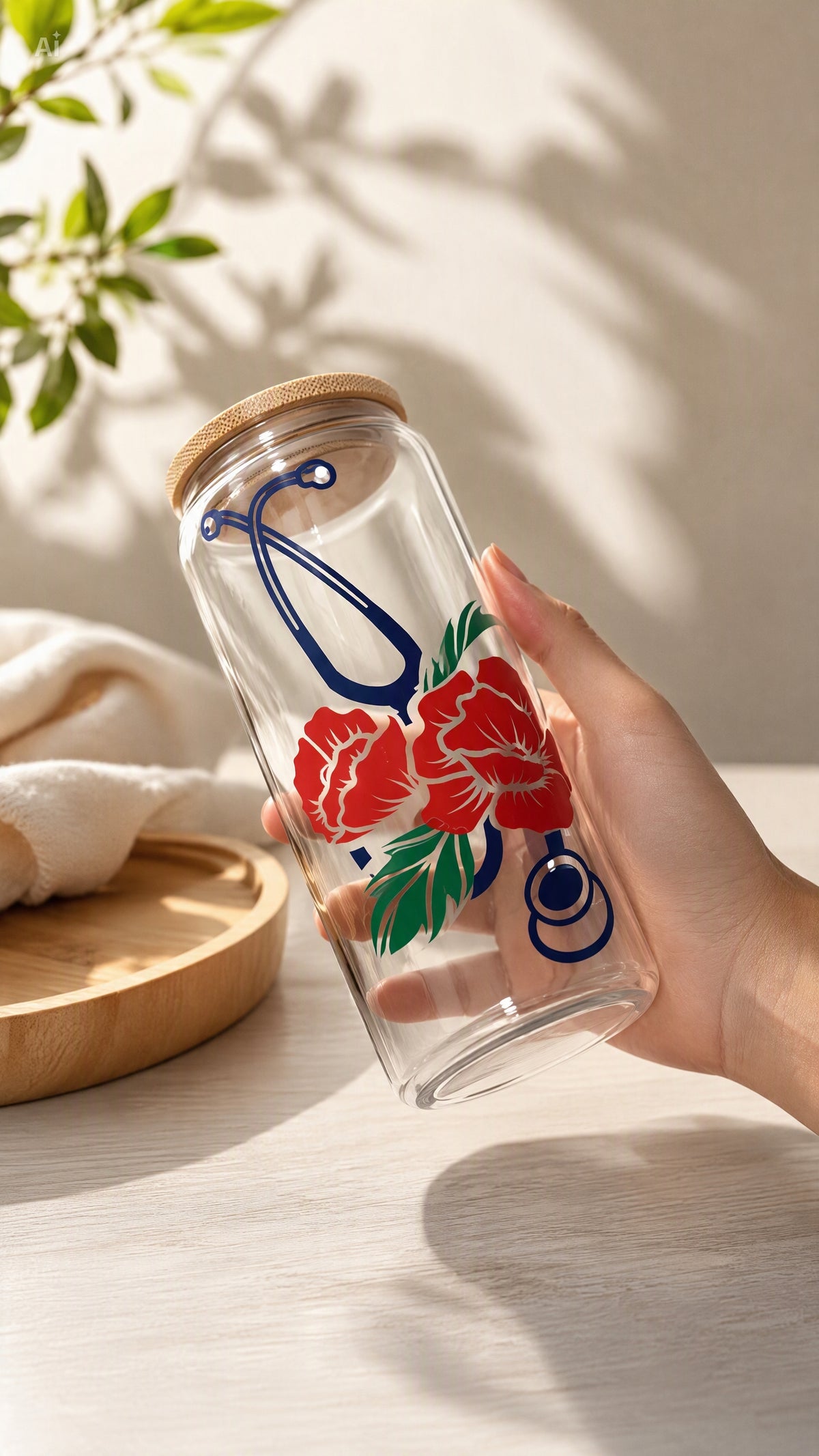 Handgemachtes Trinkglas "Floral Stethoscope" mit Bambusdeckel & Strohhalm